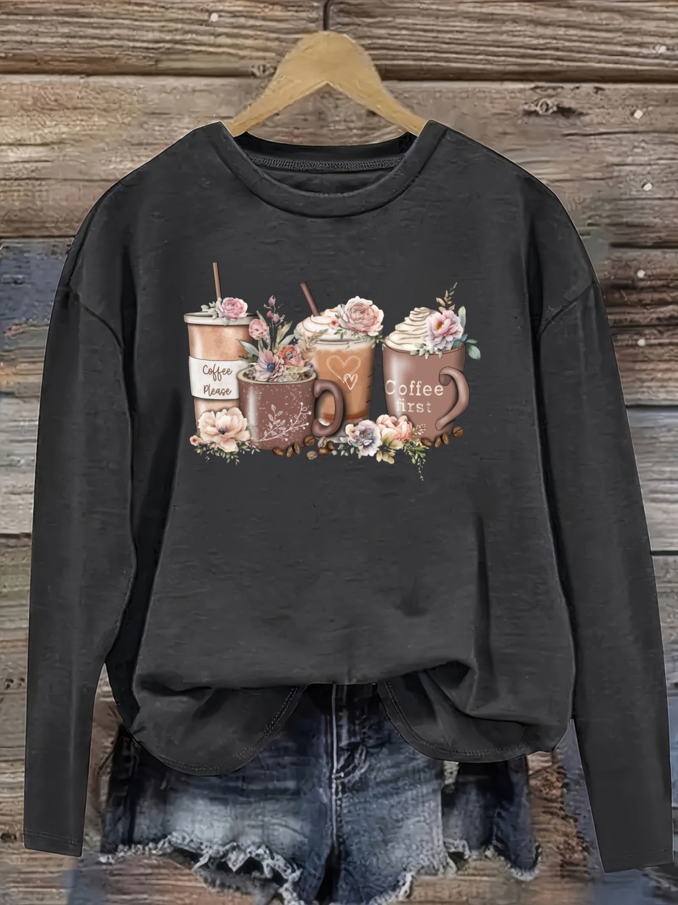 Women's Casual Long Sleeve Cre - Coffee&Tea House Opinie 评论和价格